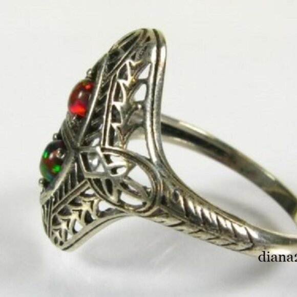 .25ctw Natural Round Cut Dark Opal Victorian Deco Sterling Filigree Ring Size 8 - Picture 4 of 6